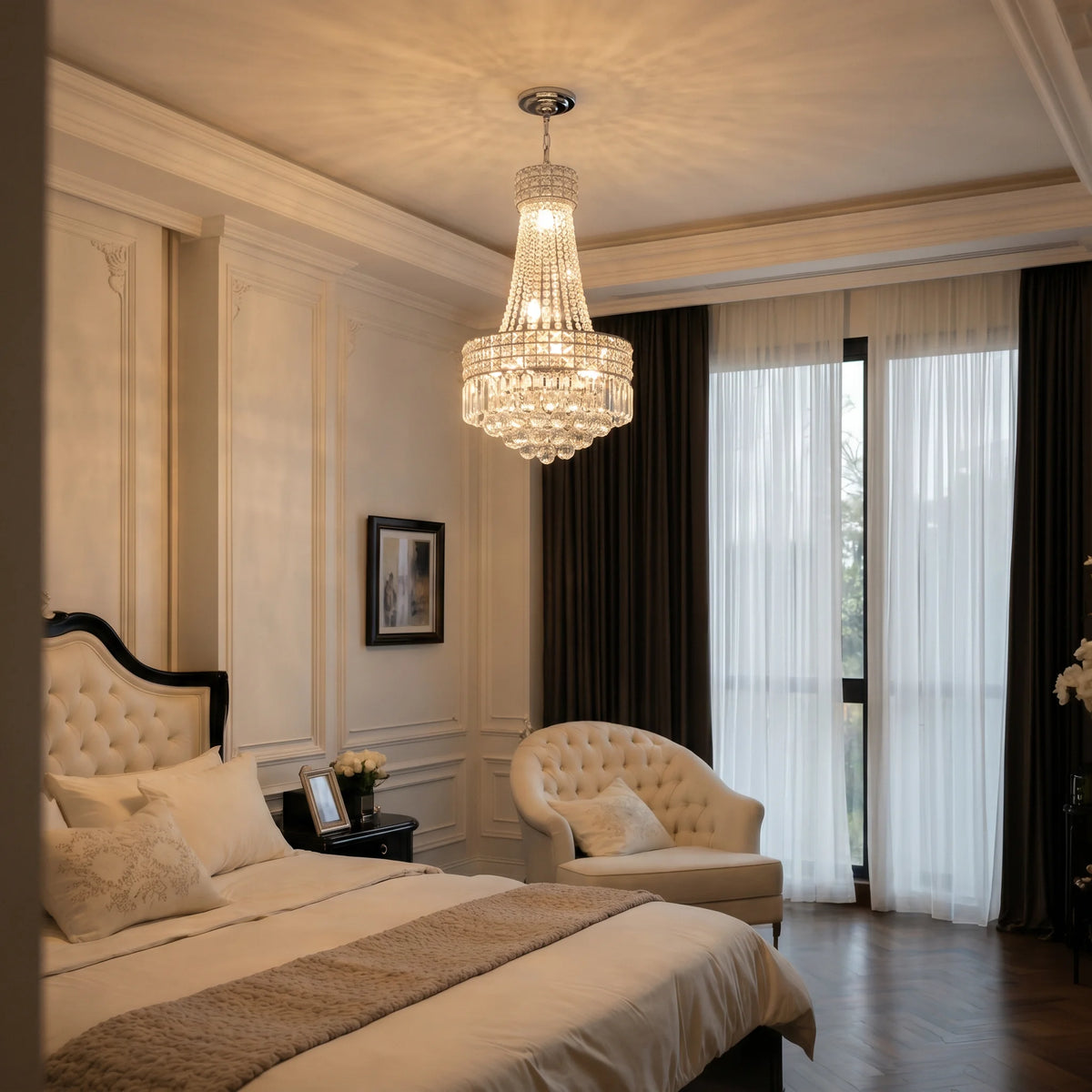 Modern Chrome Silver Crystal Chandelier, Round Dimmable Dining Table Crystal Chandelier for Bedroom/Hallway/Hall