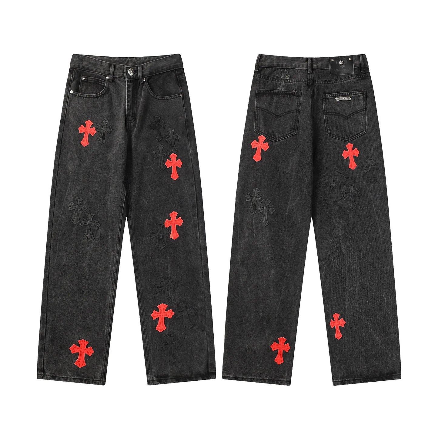 Classic Luxury Brand Men Women Leather Jeans Totem Patch Casual Pants Fashion Metal Embellished Couple Wear 2025