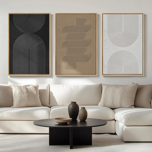 Large Abstract Wall Art Set of 3, Black White Brown Minimalist Canvas Prints for Living Room Office Decor