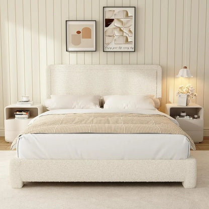 Full Size Boucle Bed Frame, Upholstered Cloud Bed Frame with Headboard, Soft Rounded Corners, No Box Spring Required, Adjustable