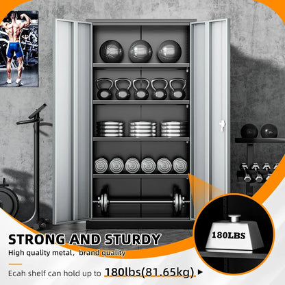 Metal Storage Cabinet, Garage Steel Locking Cabinets with Doors and 4 Adjustable Shelves, TallLockableFileToolCabinetsBlack-Grey