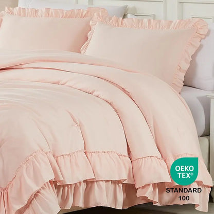 Blush Pink Comforter Set Queen, 3Pcs Comforters Queen Size Ruffle Farmhouse Bedding Sets Queen with Comforter, Lightweight Soft