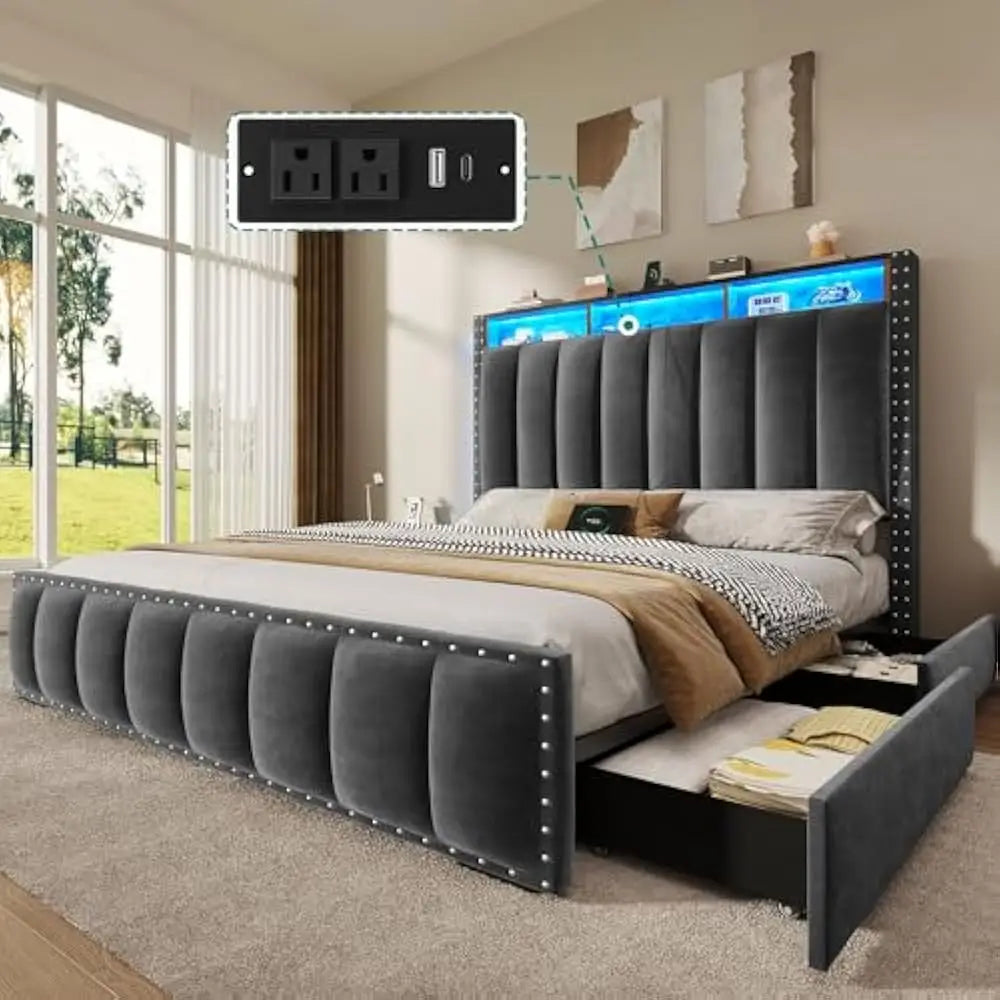 LED Full-KING Size Bed Frame with 4 Storage Drawers, Velvet Upholstered Platform Bed & Charging Station and Storage Headboard