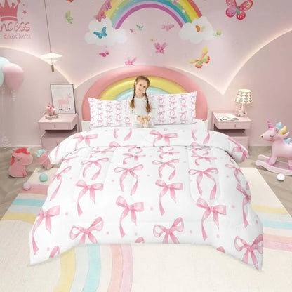 Cute Pink Bow Twin Bedding Set for Girls,Ribbon Bow Knot Comforter Set for Kids Kawaii Room Decor,Princess Bowknot Bed Set Girly