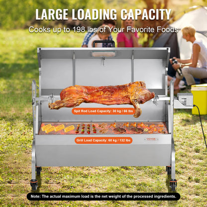 VEVOR Rotisserie Grill with Hooded Cover BBQ Whole Pig Lamb Goat Charcoal Spit Grill Electric 52W Motor Stainless Steel Roaster