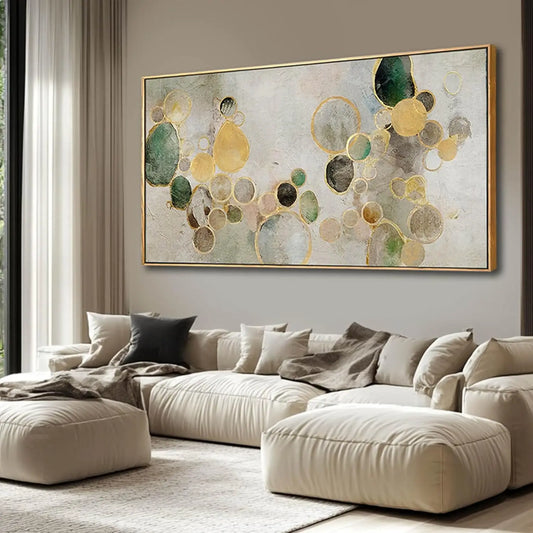Abstract Gold Circle Canvas Wall Art, Green Framed Painting 29x58 Inches for Living Room Bedroom Office Decor
