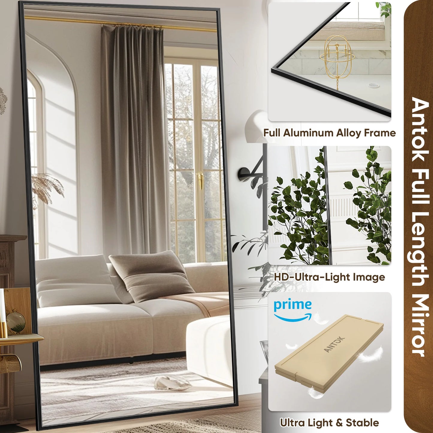 Full Length Mirror, 78"x38" Floor Mirror with Stand, Hanging Mounted Mirrors for Bedroom, Living Room, Dining Room,  Rect