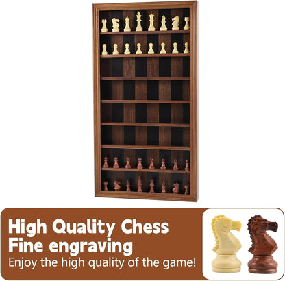 Giant Wall-Mounted Wooden Chess Game Set with Carved Pieces, Vertical Display Cabinet, Burnt Color Home Decor