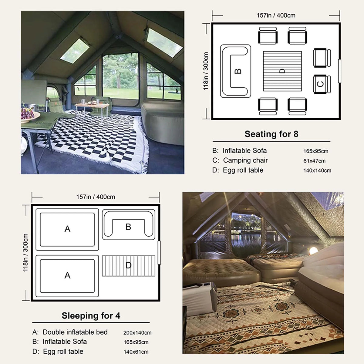 SENLEETO 129 Square Feet Inflatable Glamping Tent 4-8 Person for Camping with Waterproof Mat,4 Season Blow up Tent with Stove Jack&AC Vent,Easy Setup Air Tent with High Pressure Pump