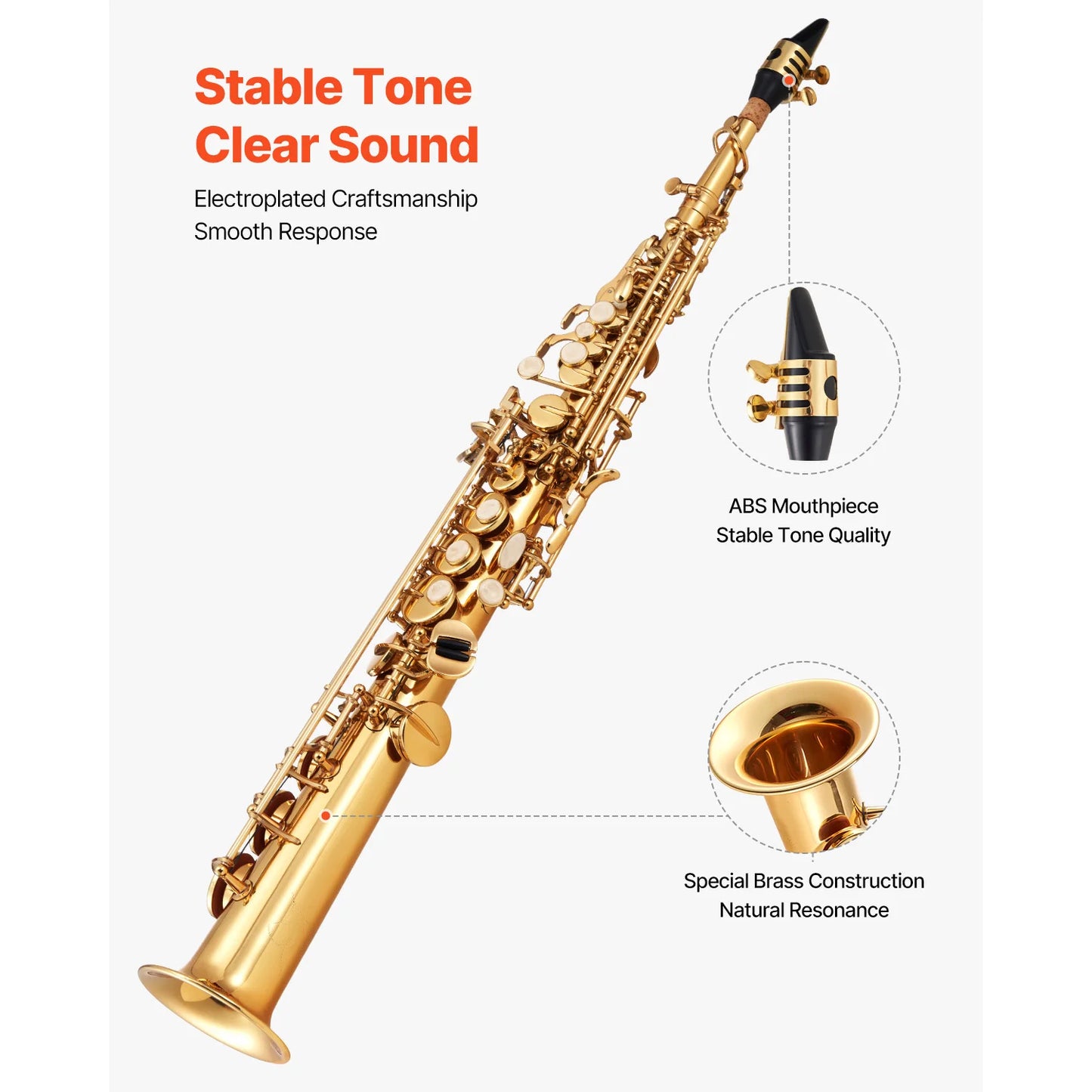 SucceBuy Straight Soprano Brass Saxophone B Flat 23 Keys, Mouthpiece, Cleaning Cloth Rod, Gloves, Neck Strap, kit for Beginners