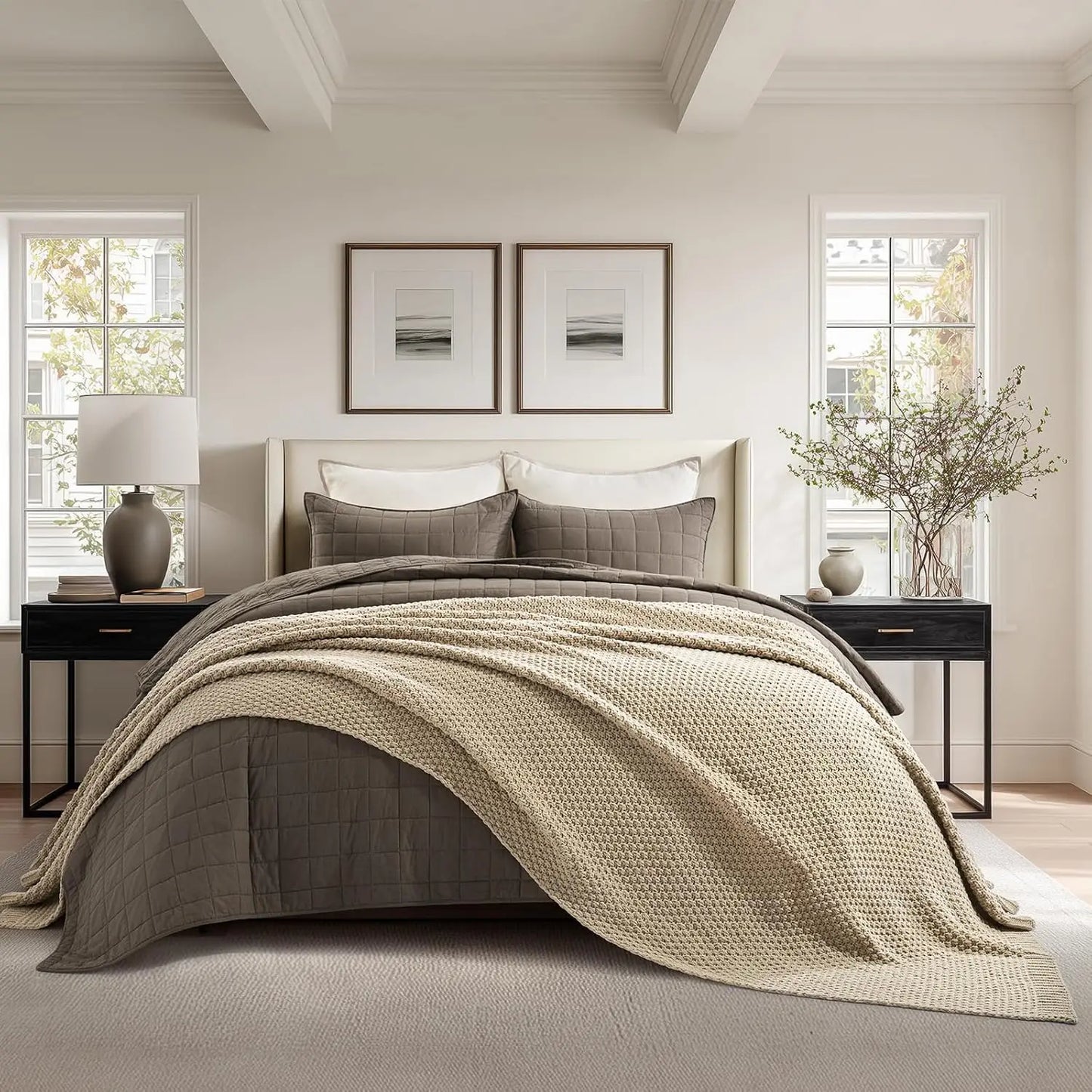Chunky Chenille Knit Throw Blanket, Soft Oversized King Moss Stitch for Bed Couch Sofa, Sand Dune 92x108