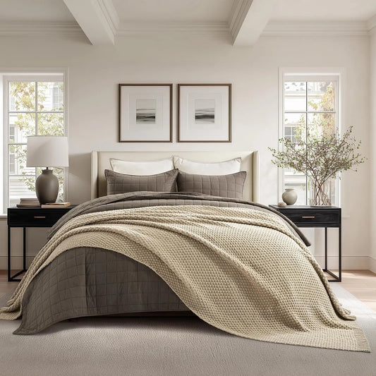 Chunky Chenille Knit Throw Blanket, Soft Oversized King Moss Stitch for Bed Couch Sofa, Sand Dune 92x108