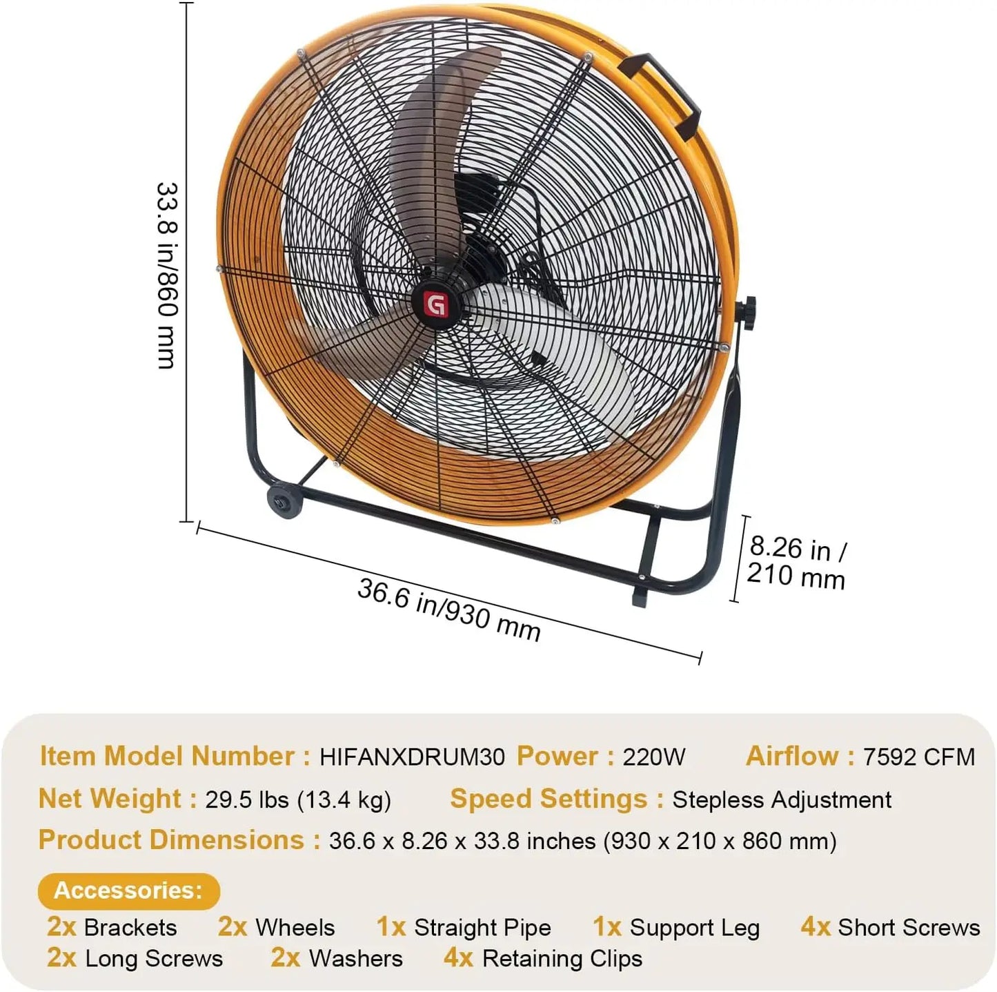 High Velocity Drum Fan, 11756 CFM 3-Speed Adjustable Floor Fan With 360° Tilt, Portable Air Circulator for Industrial Use