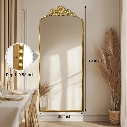 Full Length Mirror, 75x30 Baroque Style Vintage Mirror, Antique Metal Frame Wall Mirror, Traditional Art Home Decor for Living R