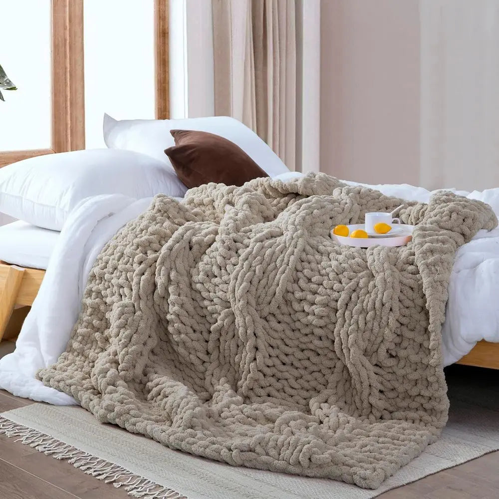 Chunky Knit Blanket Throw - 100% Hand Knitted Thick and Warm Throw or Winter, Linen, 50x60 Inches, Crochet