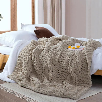 Chunky Knit Blanket Throw - 100% Hand Knitted Thick and Warm Throw or Winter, Linen, 50x60 Inches, Crochet