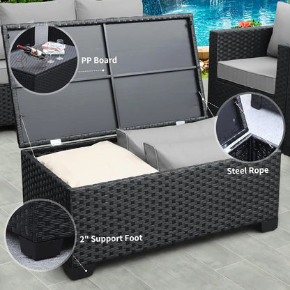 Patio Wicker Furniture Set 6 Pieces Outdoor HDPE Wicker Conversation Couch Sectional Chair Sofa Set with Grey Cushions
