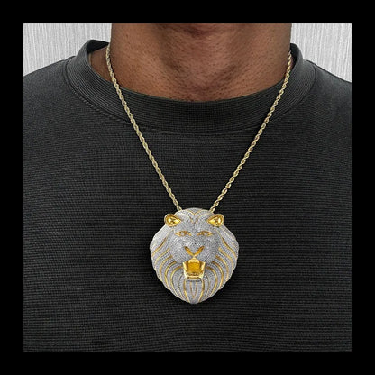 Purely Handmade Custom Hip-hop Pop Pendant, Copper Inlaid Zircon Personalized Trend Big Lion Head Necklace