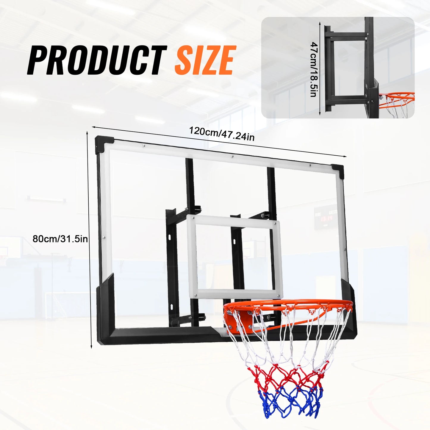 Wall Mounted Backboard and Rim 47-Inch Basketball Backboard & Hoop for Garage Fitness Center Barn School Gym Driveway