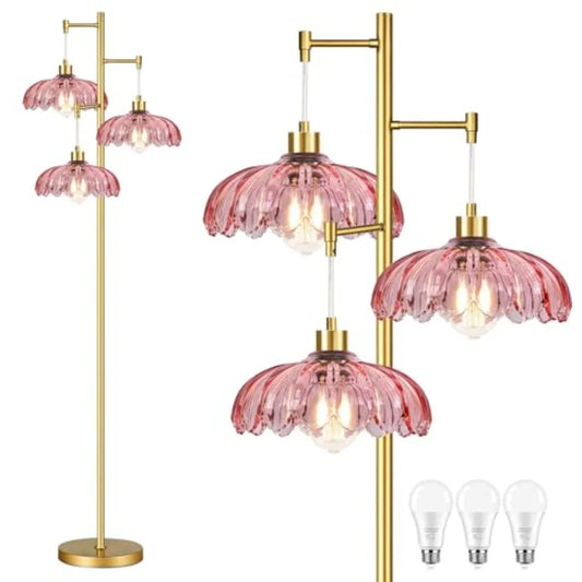 Vintage Floor Lamps for Living Room Bedroom-3 Light Glass Floor Lamp with Three Led Bulb, Tall Flower Floor Lamp Gold Mid Centu