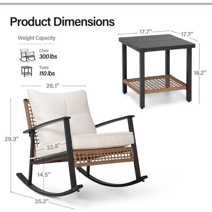 3 Pieces Rocking Bistro Set, Outdoor Patio Furniture Set with Thick Cushions and 2-Tier Coffee Table (Beige)