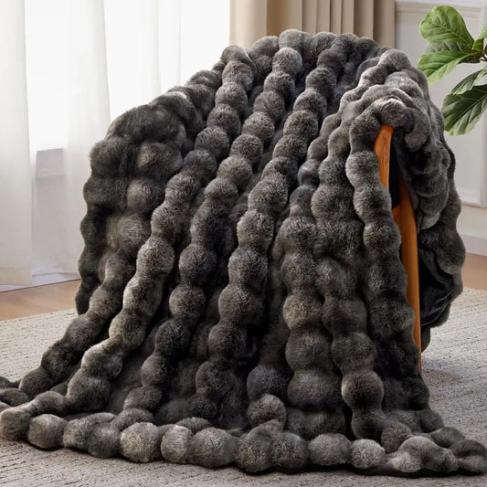 Faux Fur Throw Blanket, 1000GSM Fluffy Soft Bubble Blanket for Couch Bed, Cozy Plush Warm and Thick Blanket, Fuzzy Rabbit Throw