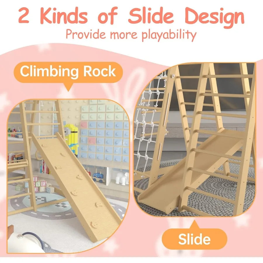 Toddler Jungle Gym 66" Indoor Playground Set with Swing Rock Climb Wall Slide Monkey Bars Wood and Rope Ladder Rope Wall Ladder