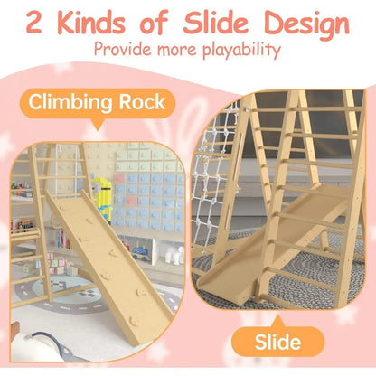 Toddler Jungle Gym 66" Indoor Playground Set with Swing Rock Climb Wall Slide Monkey Bars Wood and Rope Ladder Rope Wall Ladder