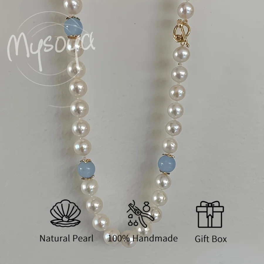 MYSOYA Natural Freshwater Pearl Aquamarine Necklace With Gift Box Personalized Jewelry Perfect For Wedding Birthday New Year