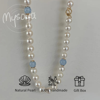 MYSOYA Natural Freshwater Pearl Aquamarine Necklace With Gift Box Personalized Jewelry Perfect For Wedding Birthday New Year
