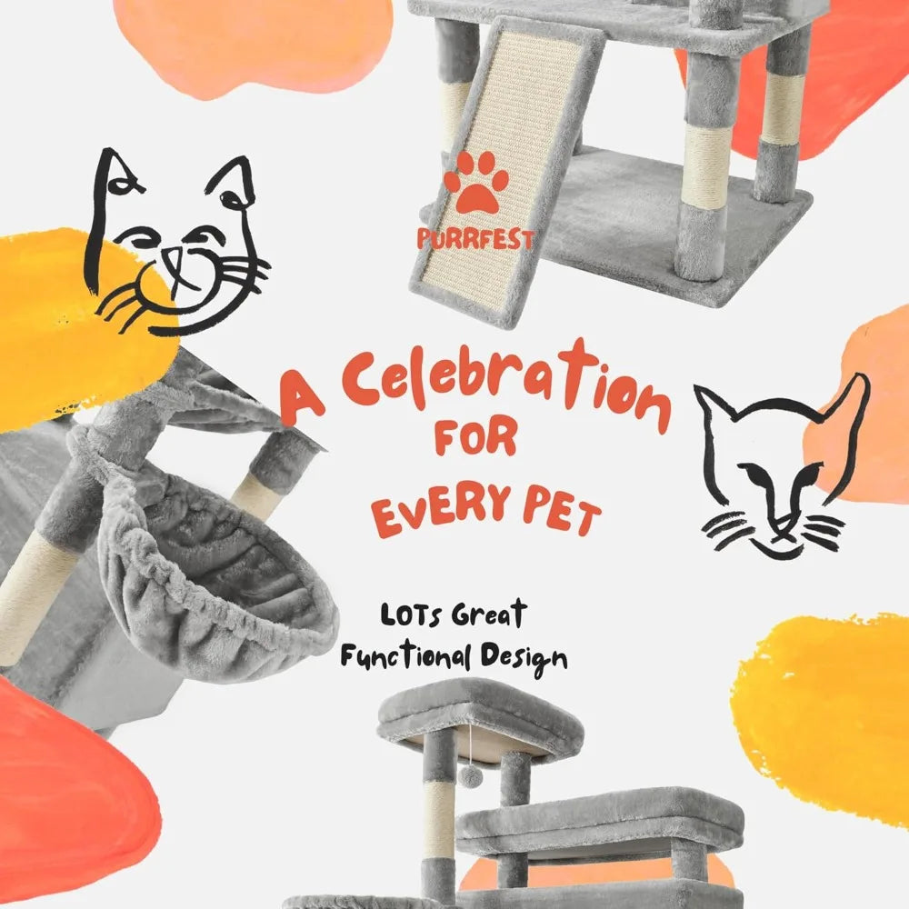 Large 80-Inch Cat Tower with Multiple Scratching Posts, Perches, Caves, Baskets, Stairs, Hammock, and Pompoms for Cats