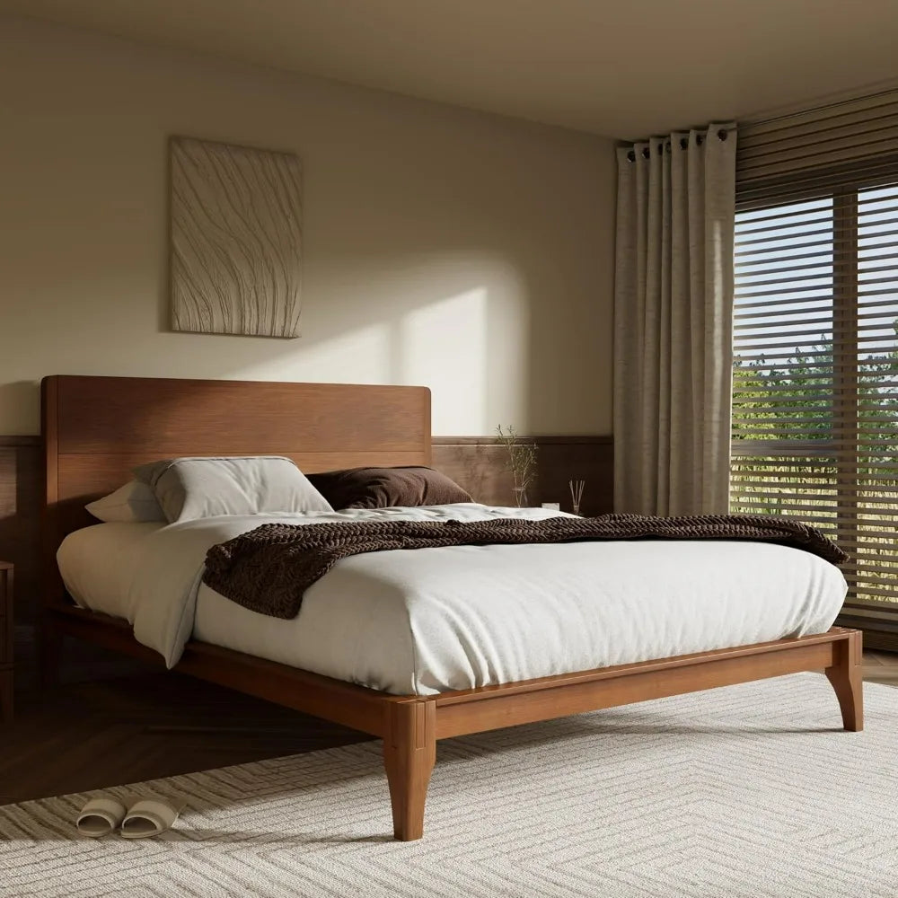 Merax Queen Size Bamboo Platform Bed, Mid-Century Modern Bed Frame with Tall Headboard, Solid Sustainable Bedframe Queen-size, W