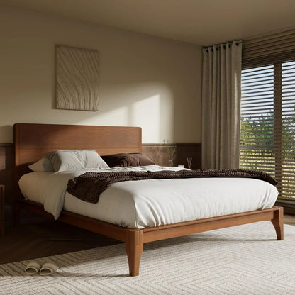 Merax Queen Size Bamboo Platform Bed, Mid-Century Modern Bed Frame with Tall Headboard, Solid Sustainable Bedframe Queen-size, W