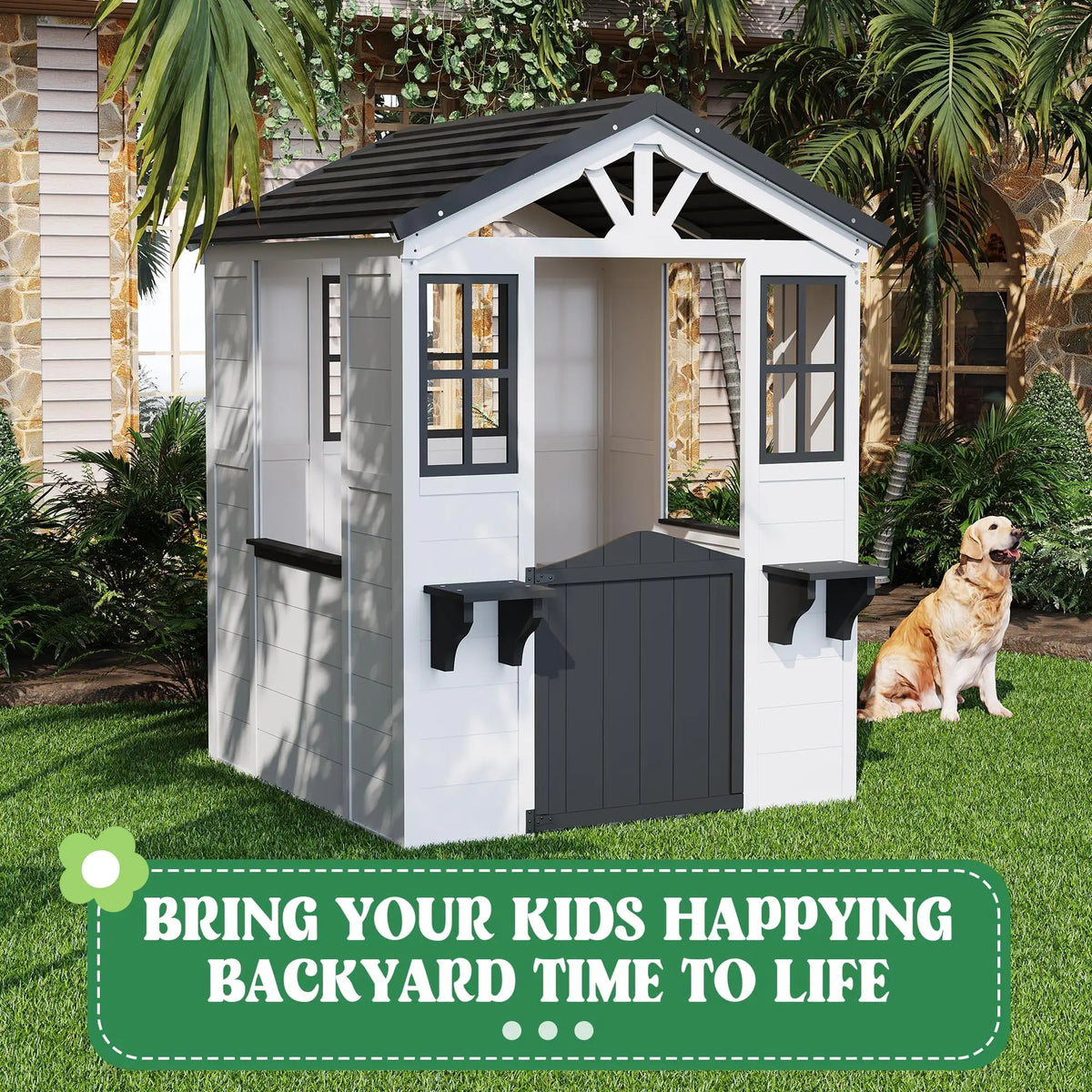 Wooden Kids Playhouse Outdoor Cottage With Pretend Kitchen, Door, Windows & Flower Boxes, Fir Wood Backyard Playhouse Ages 3-12