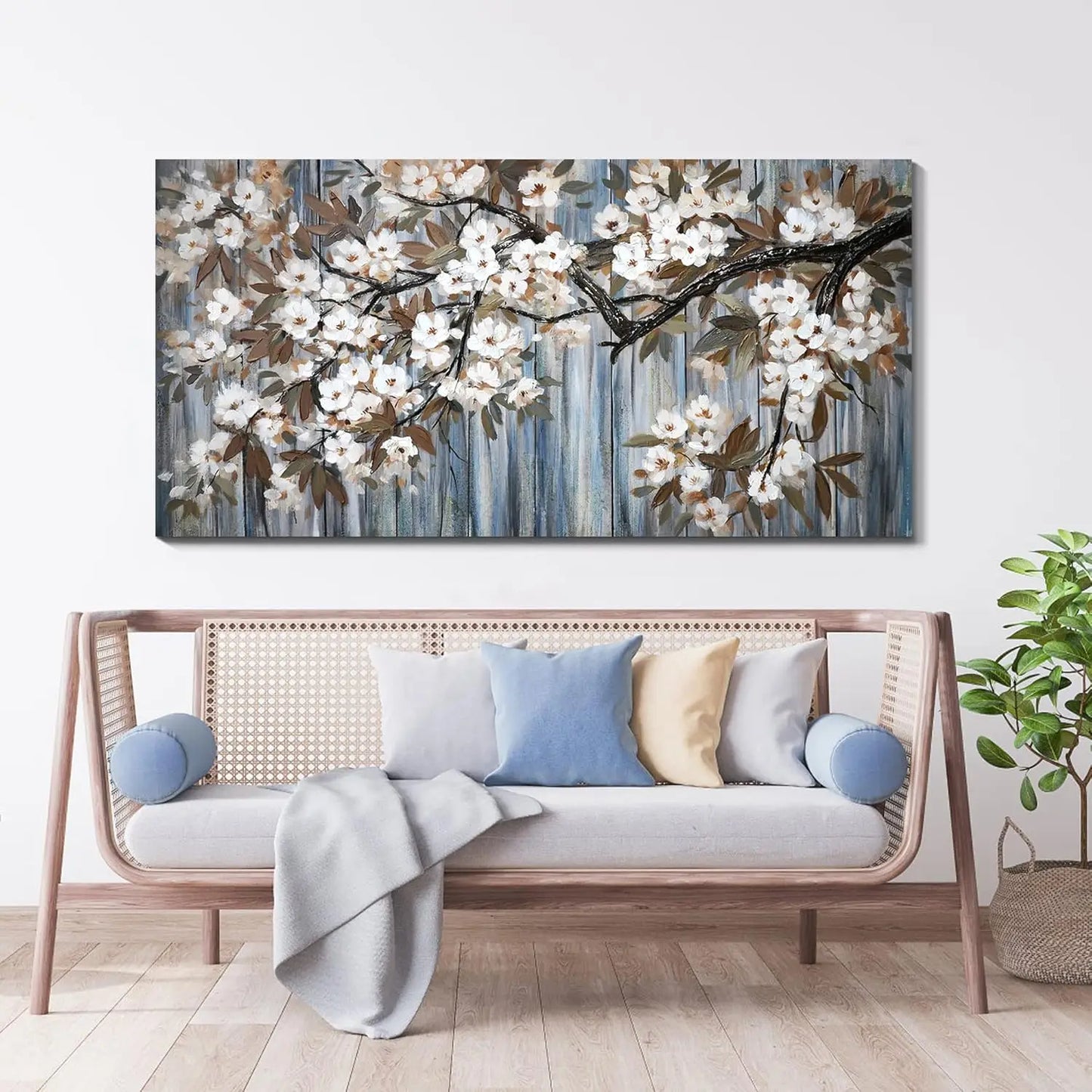 Abstract White Flower Tree Gray Driftwood Canvas Art 24x48 Inch Modern Framed Wall Decor Ready to Hang