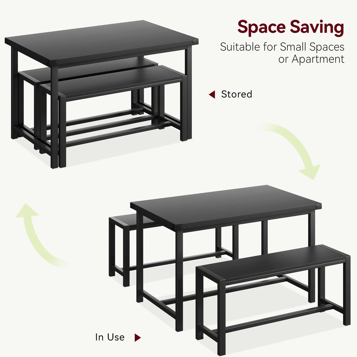 44.4'' Farmhouse Dining Table Set for 4, Kitchen Table Set with 2 Benches, Space-Saving Dinette, 3 Piece Industrial Breakfast Table Set for Small Space, Apartment, Rustic Brown/Black