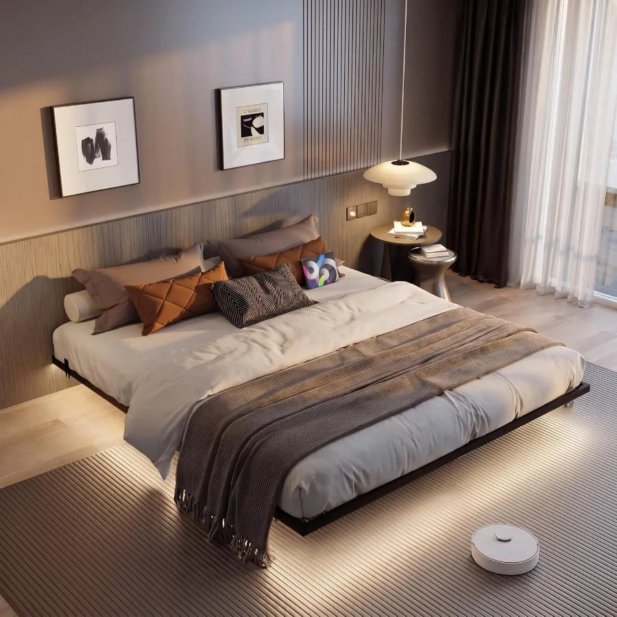 Floating Bed Frame Size with Charging Station and LED Lights, Metal Platform Bed Frame, 1000 lbs Capacity, No Box Spring Needed