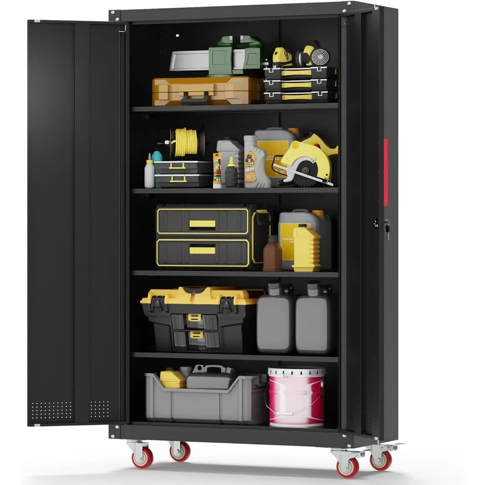 Metal Garage Cabinets with Wheels Steel Lockable Garage Storage Cabinet with Adjustable Shelves, Heavy-Duty Tool Storage Cabinet