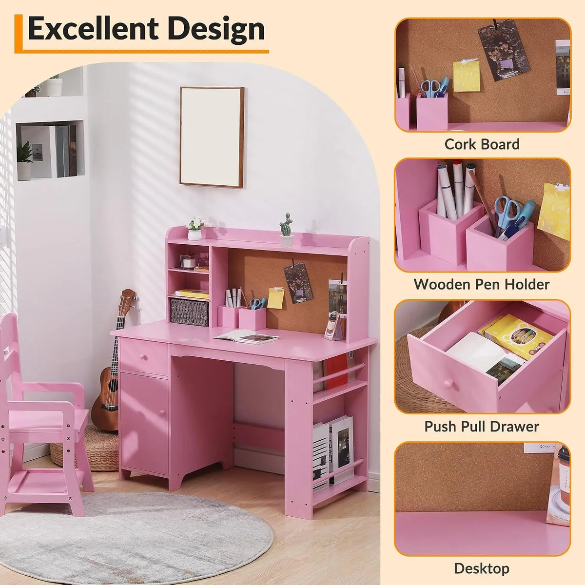 Kids Desk and Chair Set, Wooden Study Table with Bookshelf, Bulletin Board, Storage Shelf, Cabinet & Drawer, Homework Writing Desk for Ages 3-8, Pink