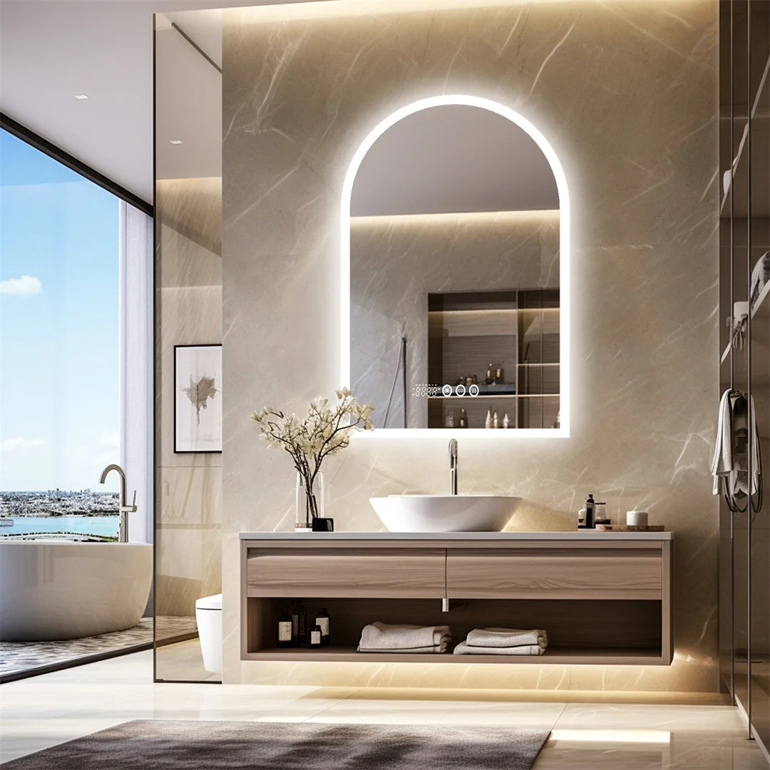 LUVODI Arched Backlit Bathroom Mirror Touch Screen LED Vanity Mirror with Time And Temperature Display Smart Bathroom Decor