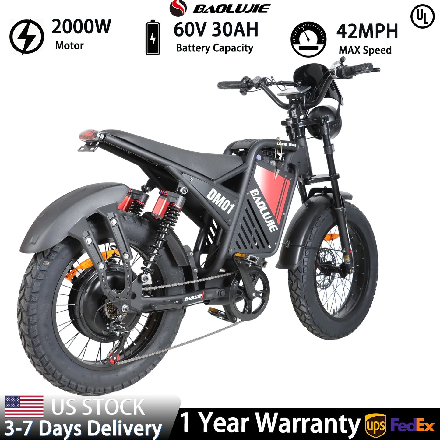 BAOLUJIE DM01 Electric Bike for Adult 2000W Motor Electric Bike 60V 30AH Moto 42MPH City Commuter Electric Bike【1 Year Warranty】