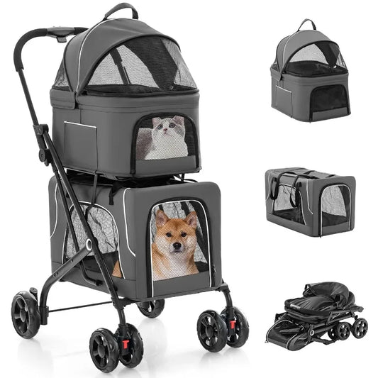 Double Dog Stroller for 2 Dogs Detachable Carriers Safety Belt 4 Lockable Wheels Pet Travel Carrier Strolling Cart Folding Cat
