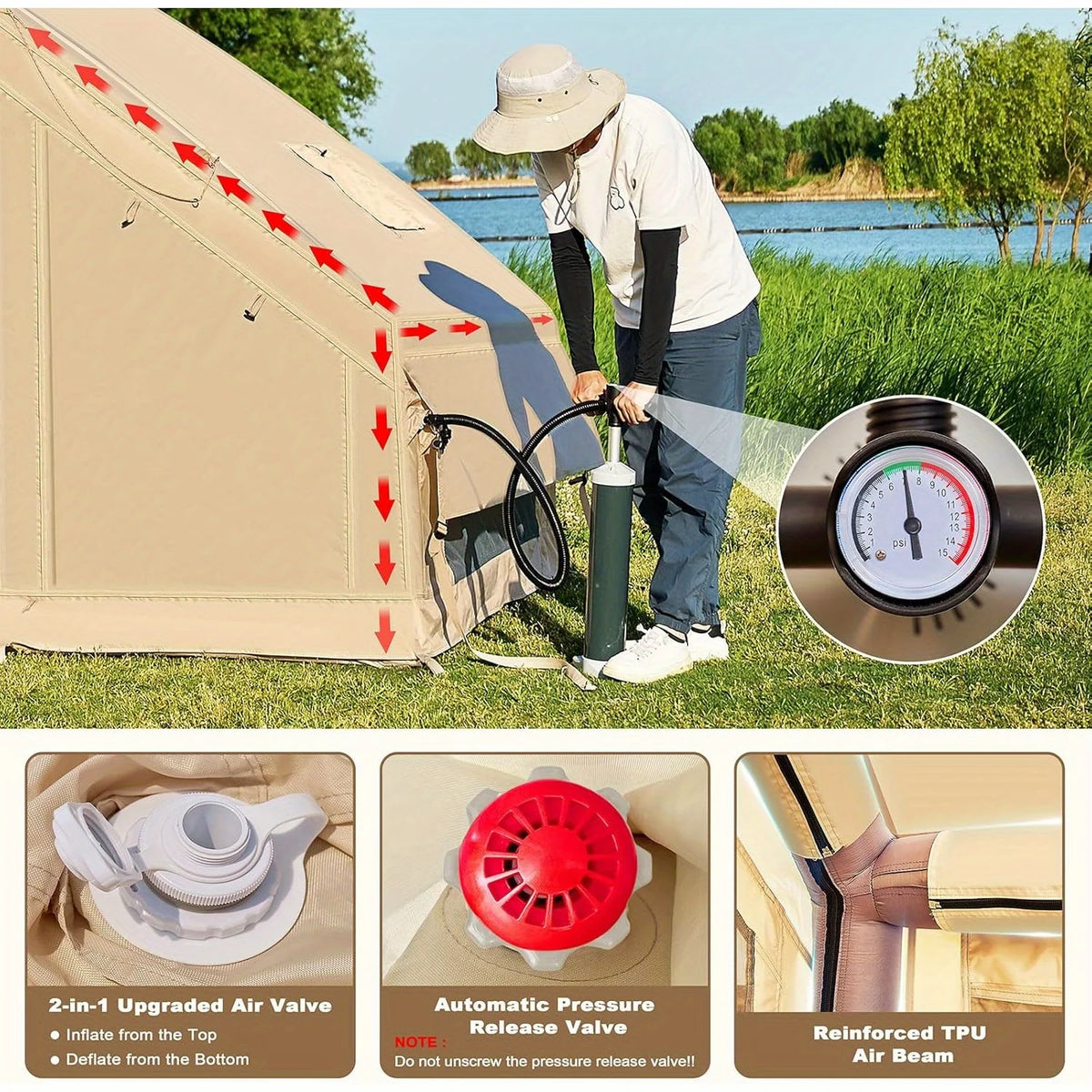 Inflatable Camping Tent with Manual Pump for 1-5 People, Luxury Oxford Tent with Double Door Windows for Easy Set-up Four Se