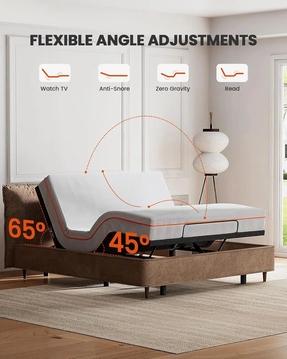 Split King Electric Adjustable Bed Base with Built-In Massage, Head & Foot Incline, 4 USB Ports, Under-Bed Nightlight, and 4 Height Positions - Adjustable Frame for Personalized Comfort