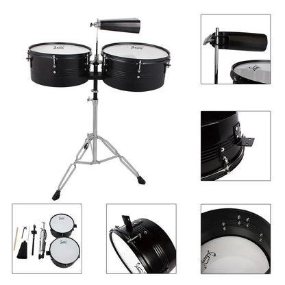 New Black 13" 14" Timbales Drum Set Percussion with Stand Cowbell