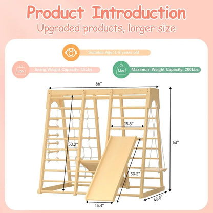 Toddler Jungle Gym 66" Indoor Playground Set with Swing Rock Climb Wall Slide Monkey Bars Wood and Rope Ladder Rope Wall Ladder