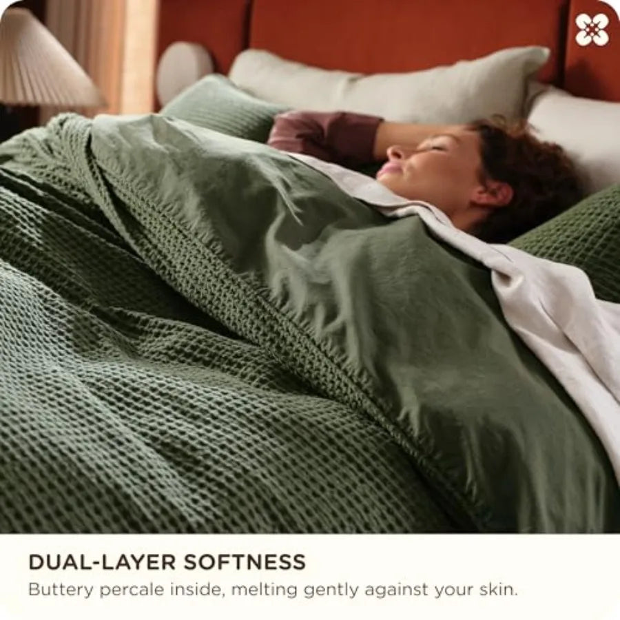 Olive Green 100 Cotton Waffle Weave Duvet Cover Set for All Season Oversized King Size GentleSoft and Breathable Bedding 3 Piec