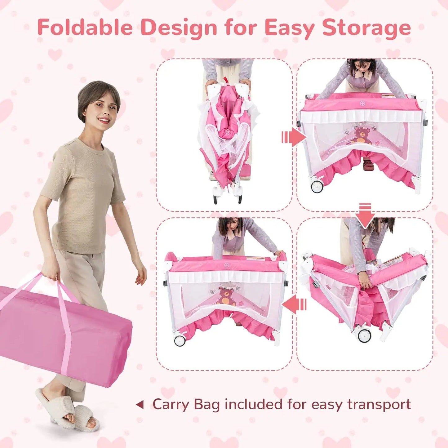 4-in-1 Portable Baby Playard with Canopy, Changing Table, Bassinet & Toys for Newborns to Toddlers in Hot Pink