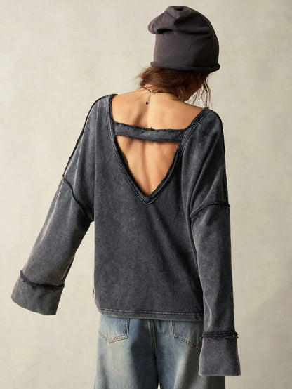 Women's V-Neck Backless Loose Sweatshirt with Flare Sleeves, Casual Long Sleeve Top