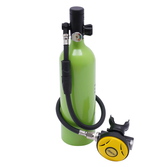 Green / Yellow Mini Scuba Tank, Scuba Tank, Portable Diving Oxygen Cylinder, 1L Aluminum Alloy with Pressure Gauge, Regulator, Strap, Mask, Adapter, Carry Bag, High Stability Pressure Relief System, Food Grade Silicone Mouthp